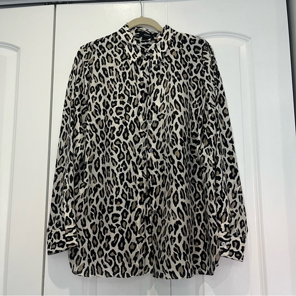 NWT Theory Classic Straight Leopard Print Silk Shirt size L - Picture 5 of 13